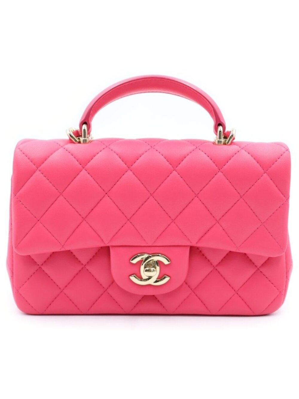 Chanel Quilted Top Handle Mini Flap Chain Shoulder Bag Fuchsia Pink Lambskin